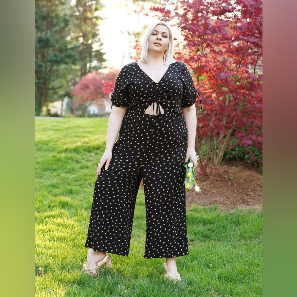 Eloquii Black Gold Polka Dot Floral Daisy Cut Out Jumpsuit Women’s Plus Size 18